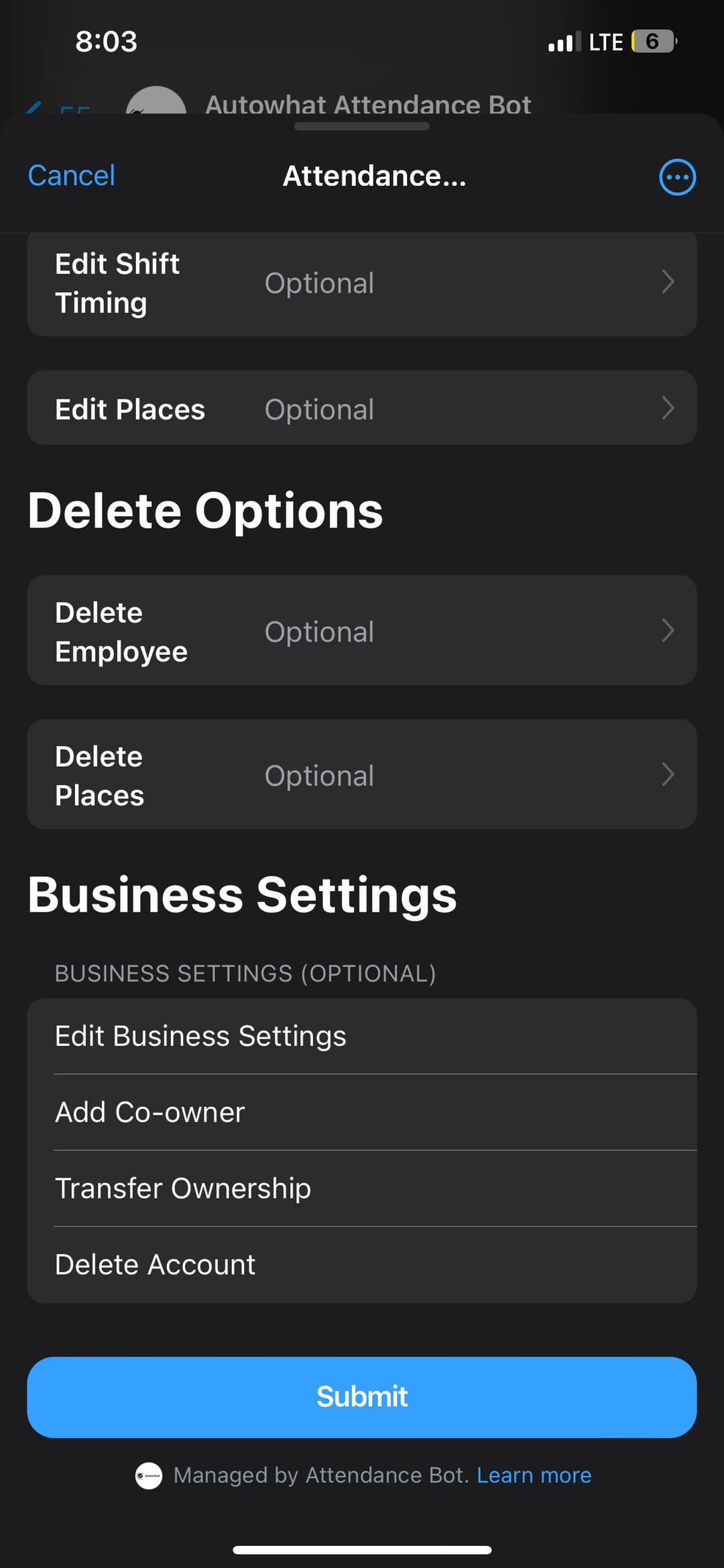 Employer Attendance Bot screen — shift timing, places, and business settings