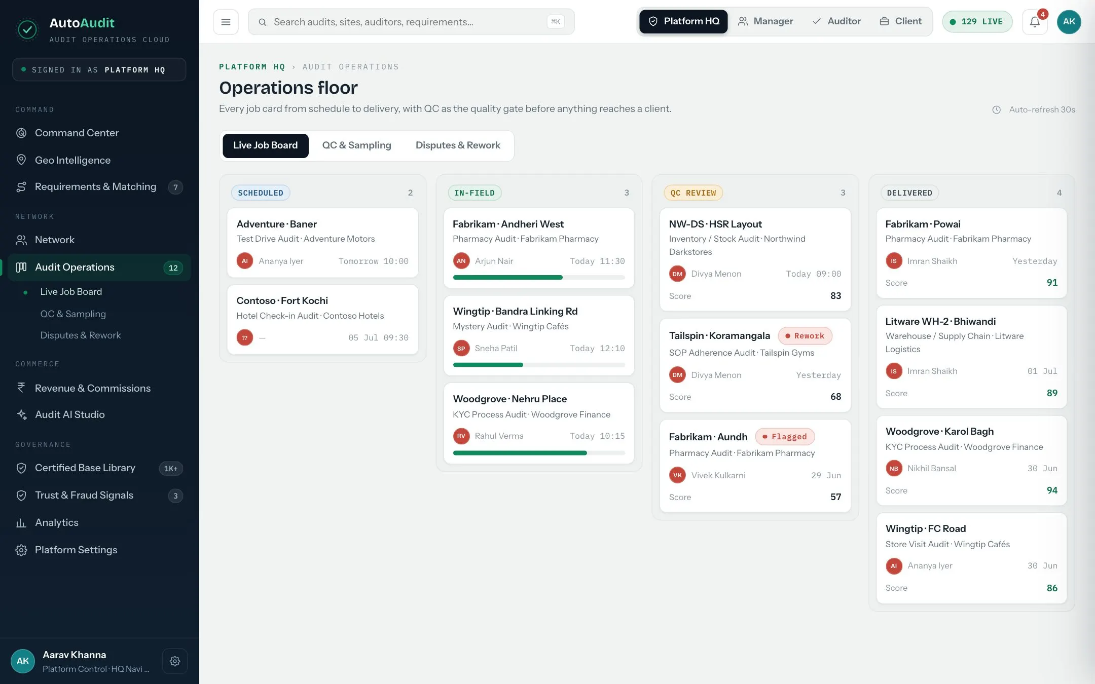 AutoAudit screen: Every job on one board, with QC as the gate.