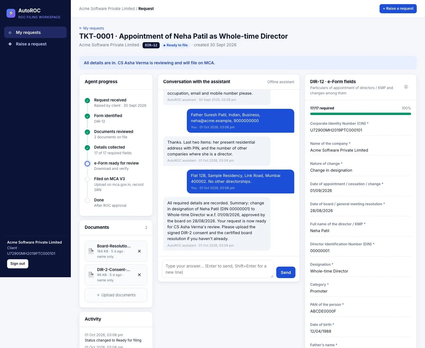 AutoROC screen: Clients raise requests themselves — the assistant asks for what’s missing.