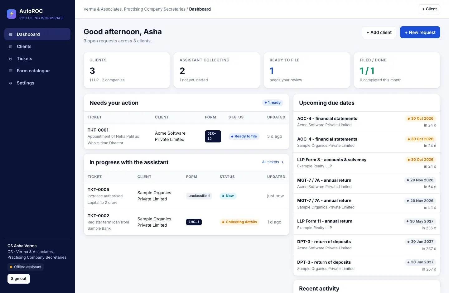 AutoROC dashboard: requests needing action, requests the assistant is collecting, and upcoming ROC due dates
