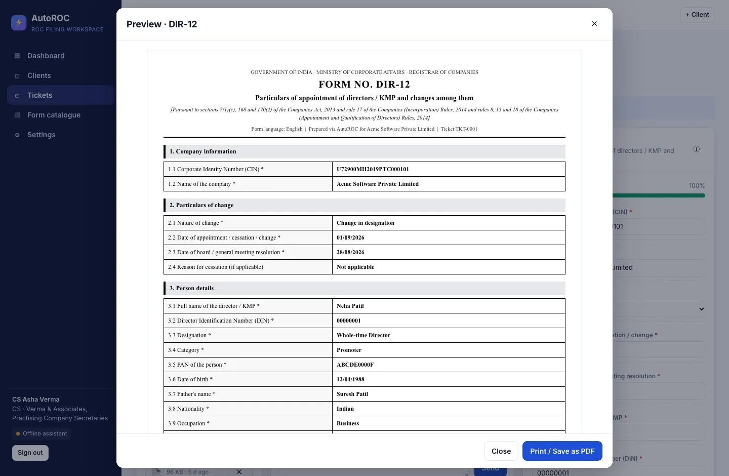 AutoROC screen: The e-Form comes pre-filled from the company record.