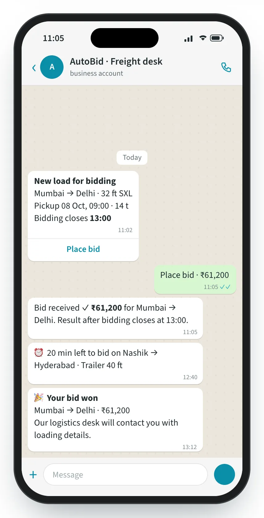 AutoBid screen: Every vendor gets the load on WhatsApp, at once.