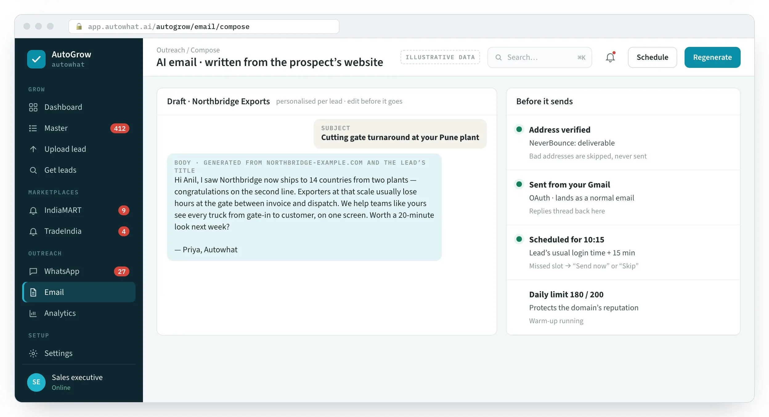 AutoGrow screen: Every message written from the prospect’s own website.