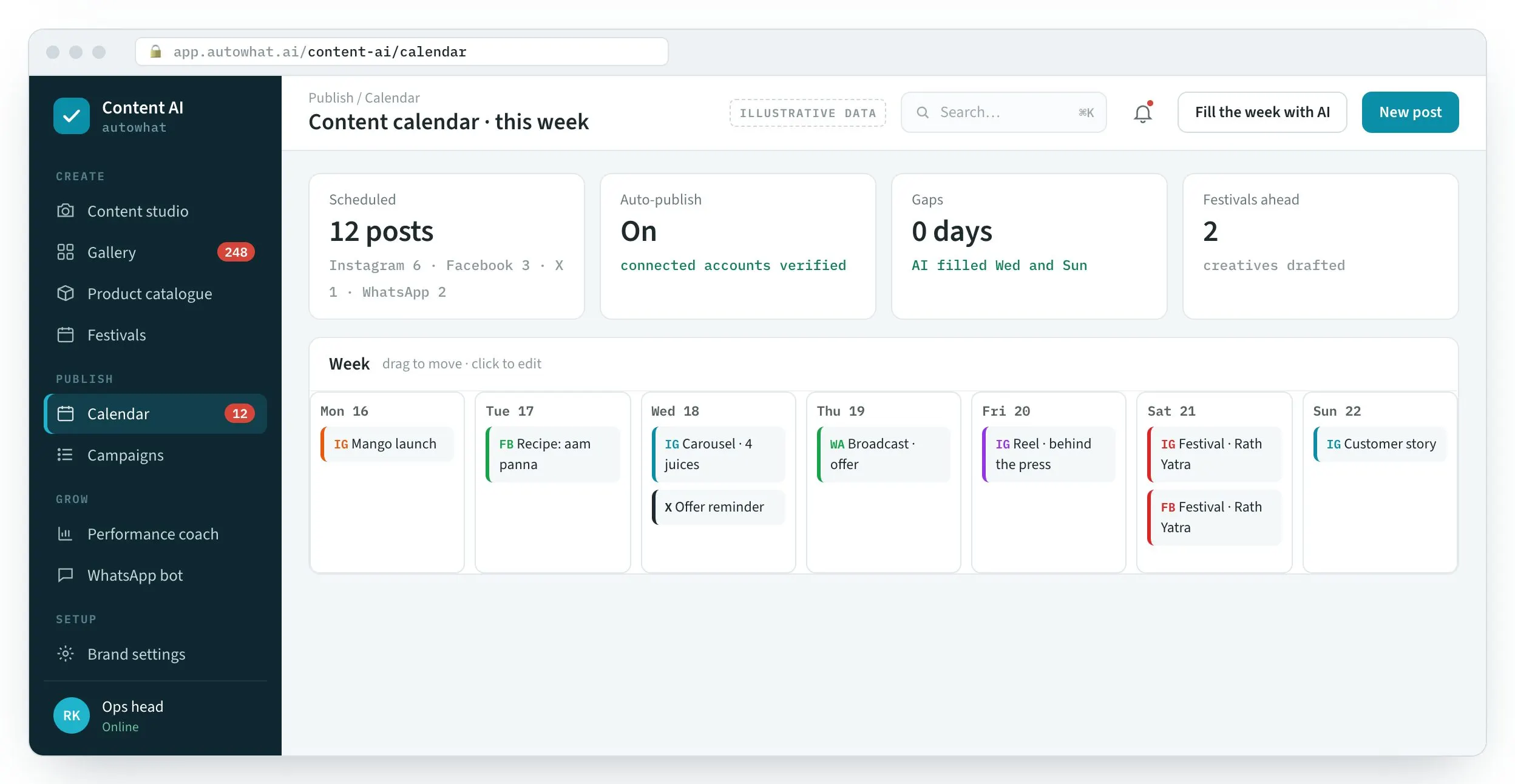 Content AI screen: A month planned ahead, festivals included.