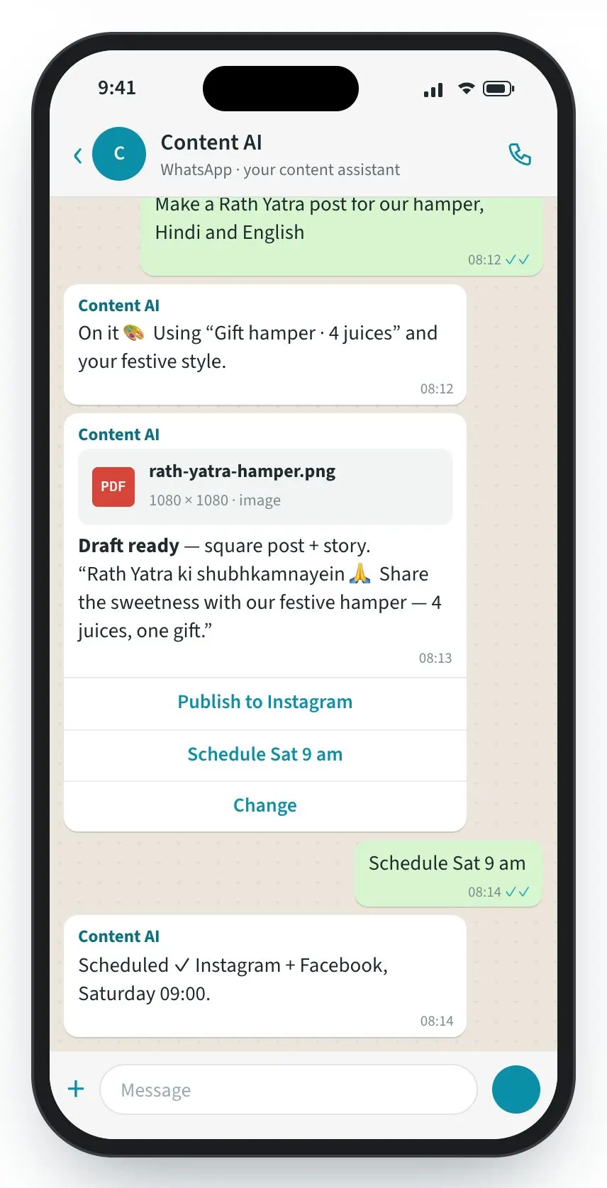 Content AI screen: Your voice, your languages — even from WhatsApp.