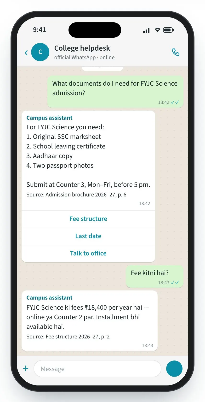 CampusDesk screen: Answered on WhatsApp in seconds, in the student’s language.