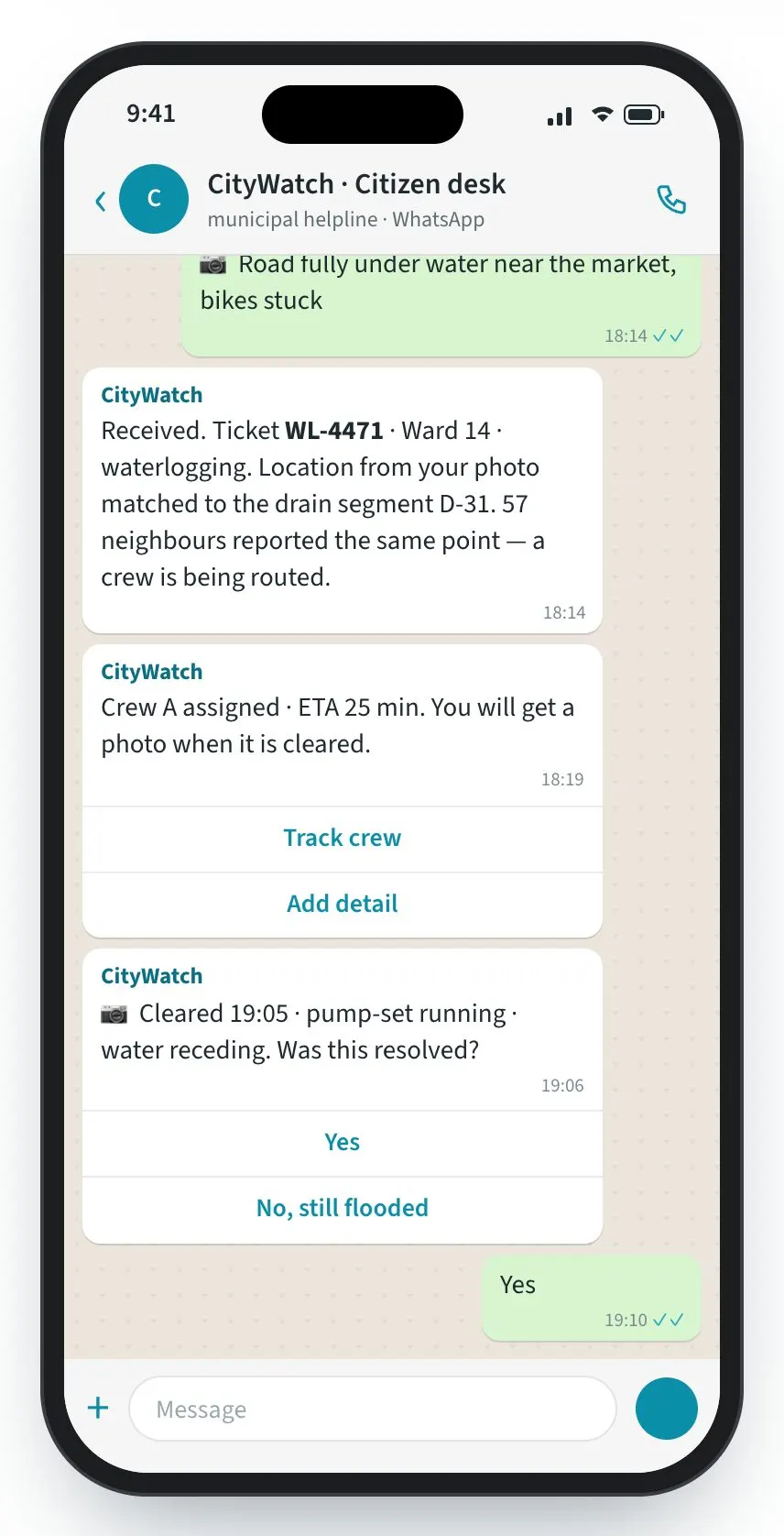 CityWatch screen: A photo on WhatsApp becomes a ticket with an owner.