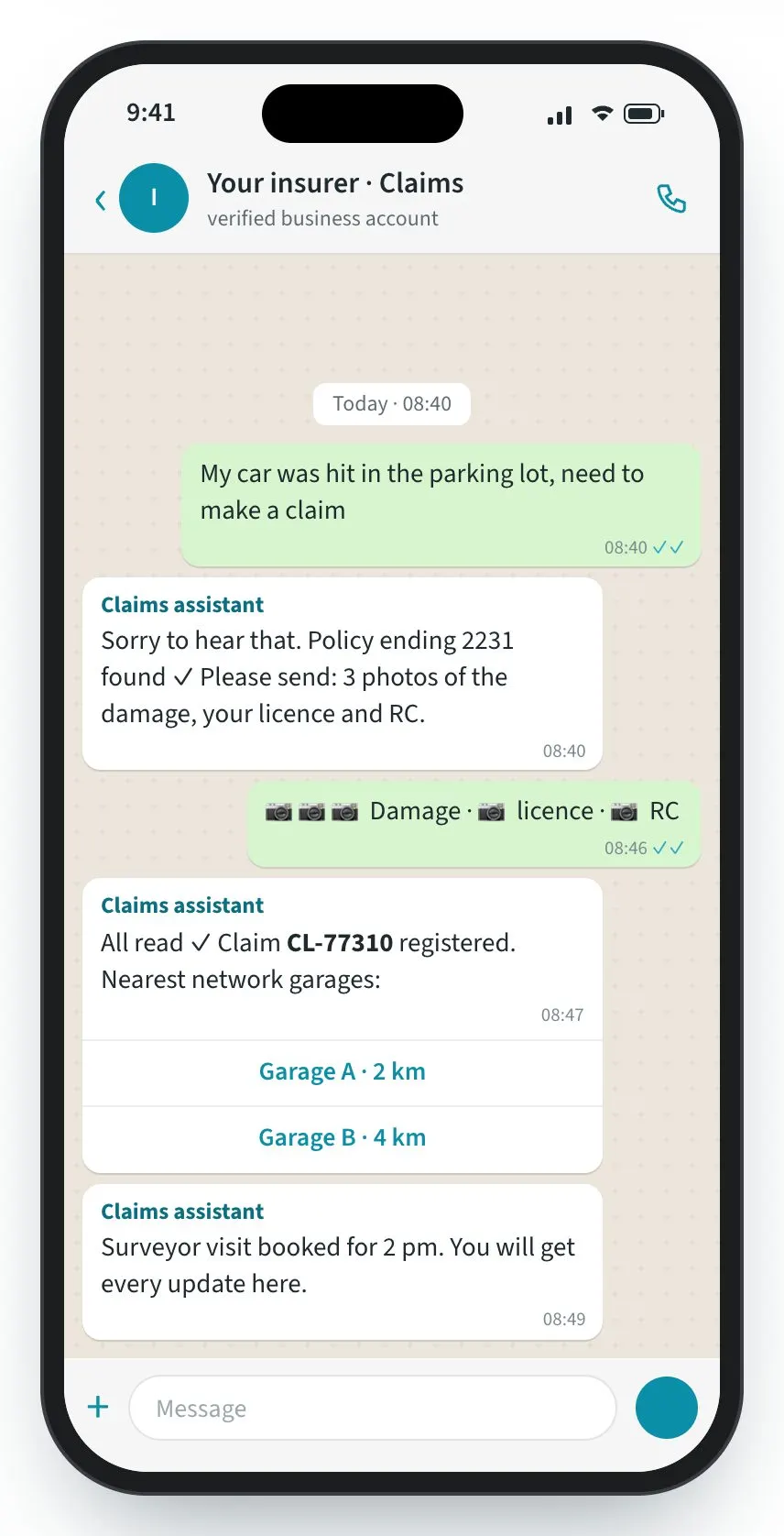 AutoClaims screen: Registered on WhatsApp, updated at every step.