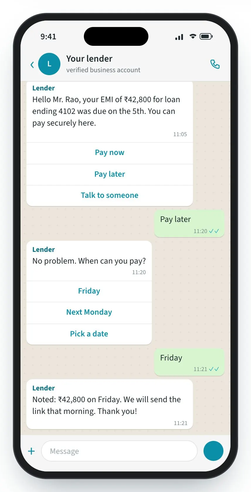 AutoCollect screen: A reminder, a link and a promise — in one chat.