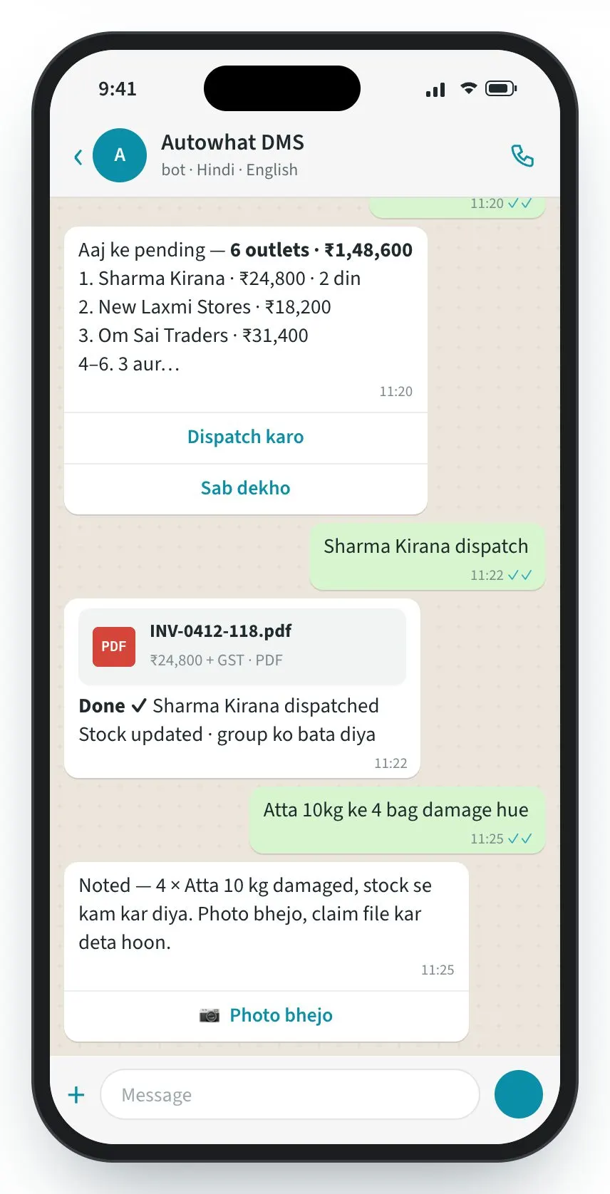 the DMS screen: The distributor runs dispatch from a chat — in their own words.