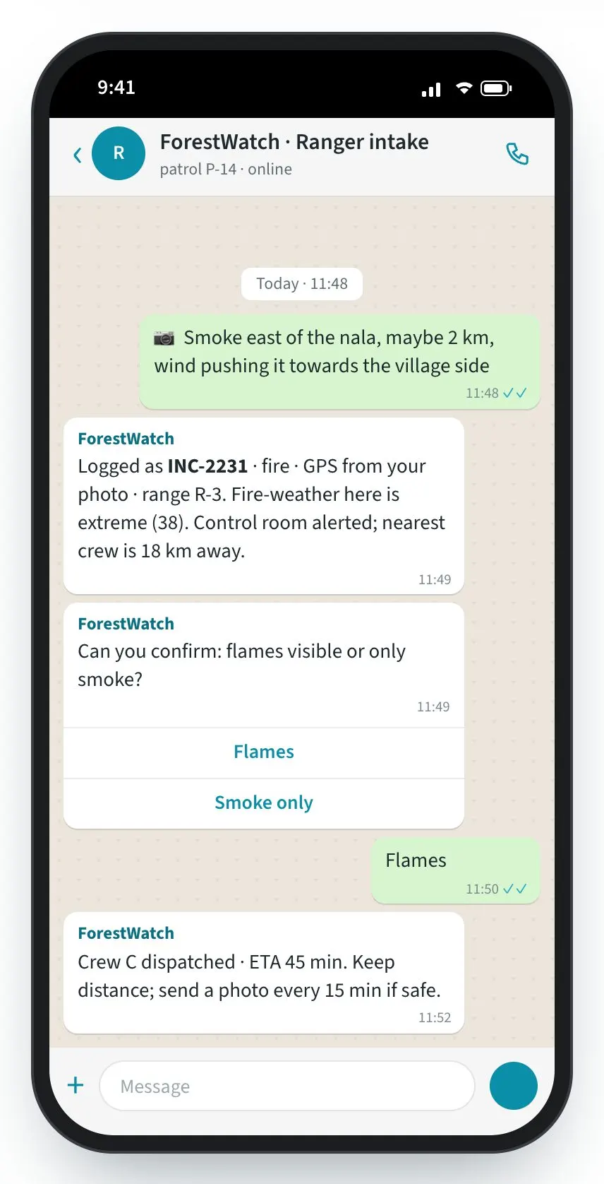ForestWatch screen: A ranger’s photo becomes a located incident.