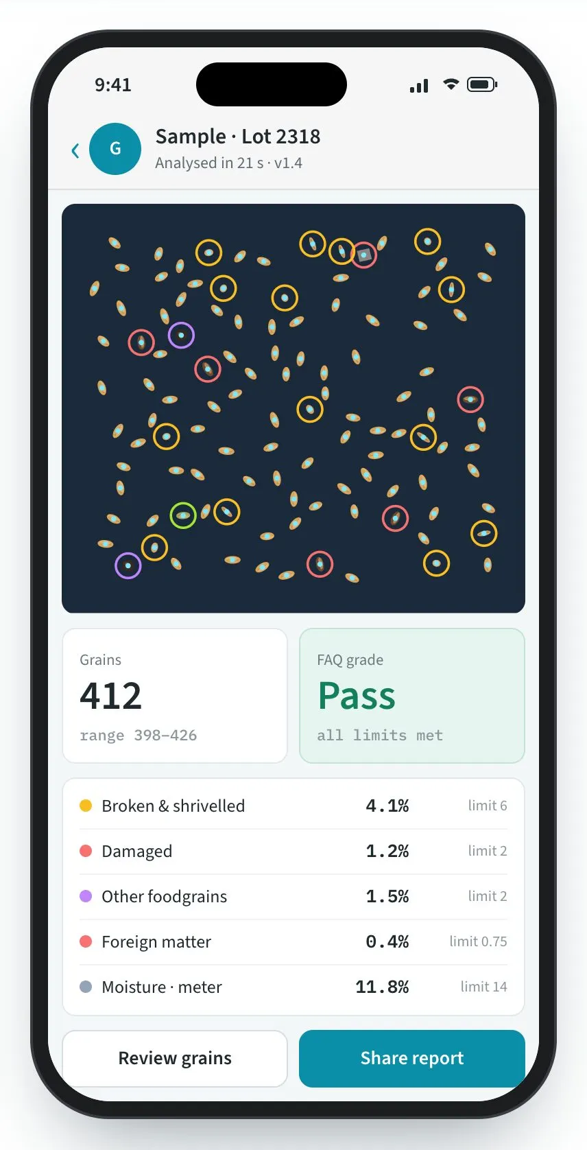GrainGrade result on a phone