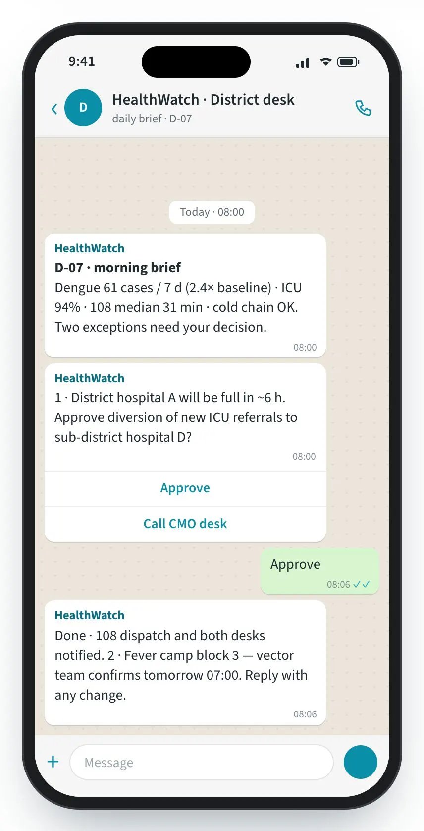 HealthWatch screen: A morning brief with decisions that close in one tap.