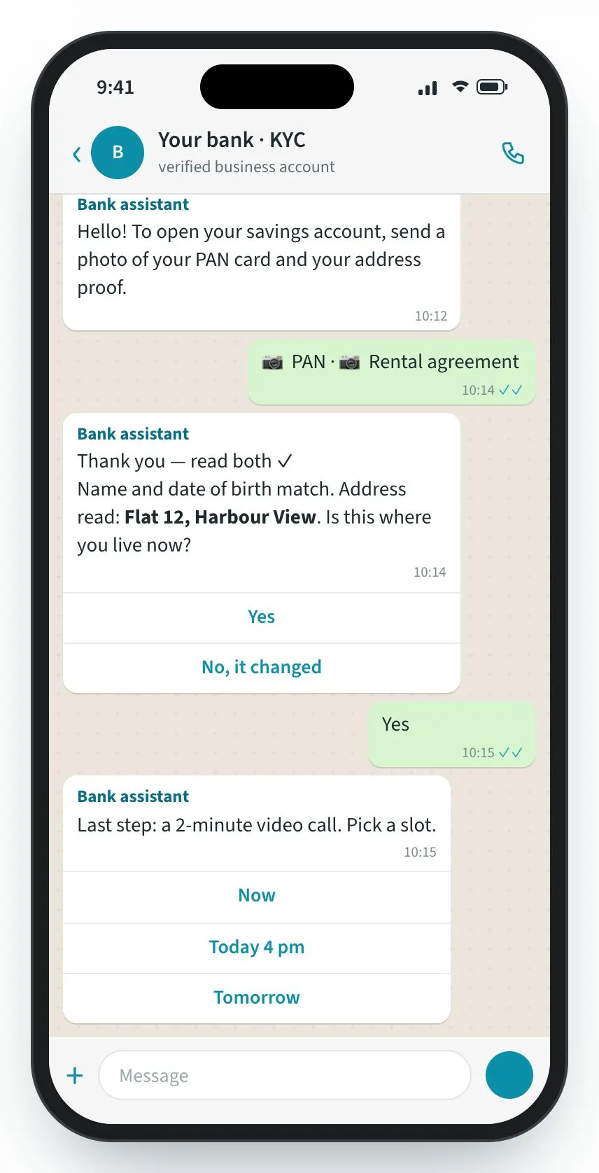AutoKYC screen: Documents read in the chat, the moment they arrive.