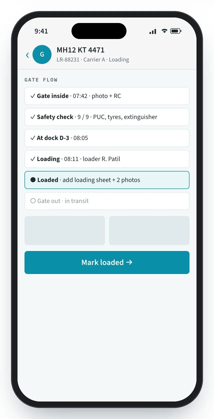 Gate supervisor handheld: the gate flow for one vehicle with photos and a safety checklist