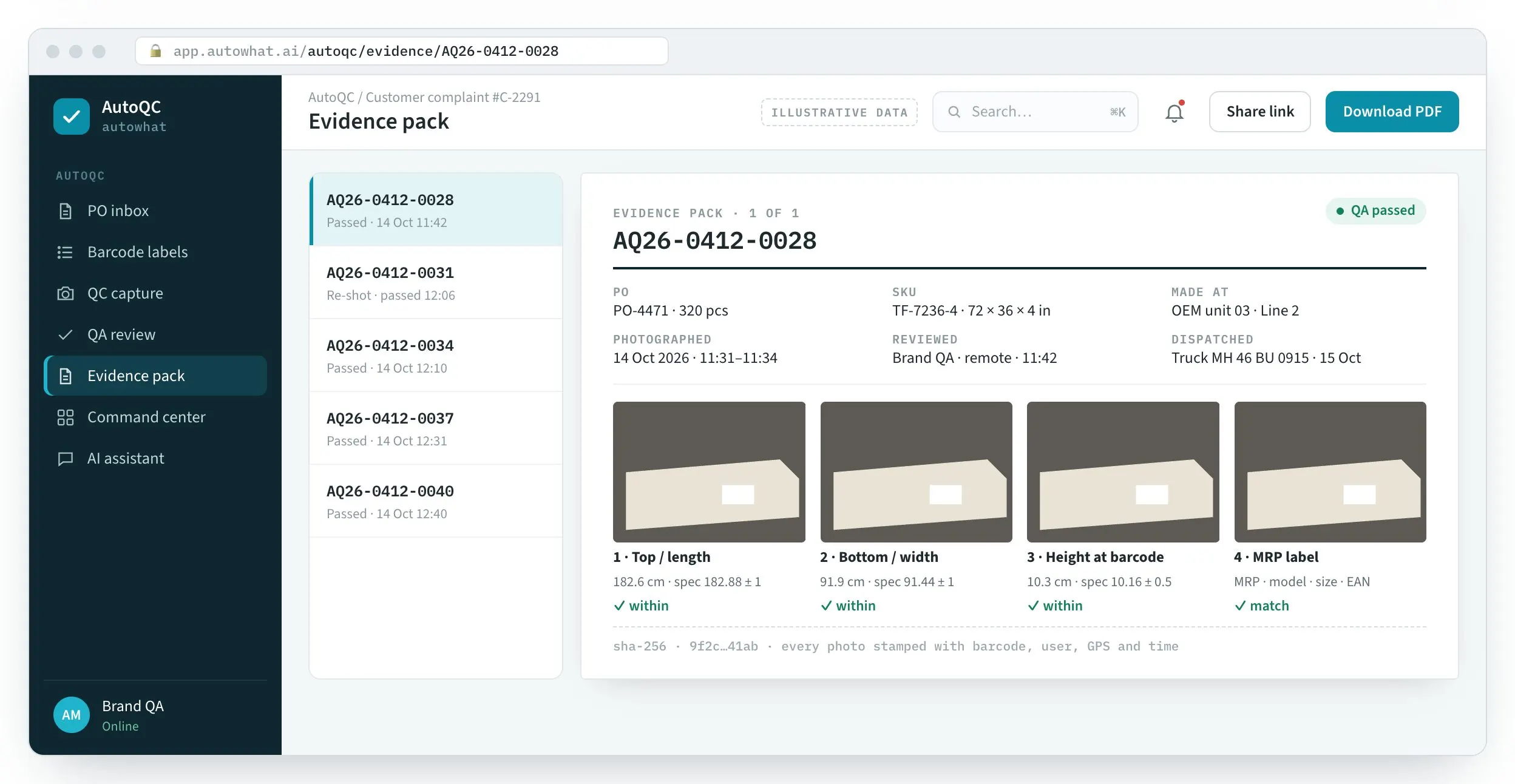 AutoQC screen: One page of evidence per barcode.