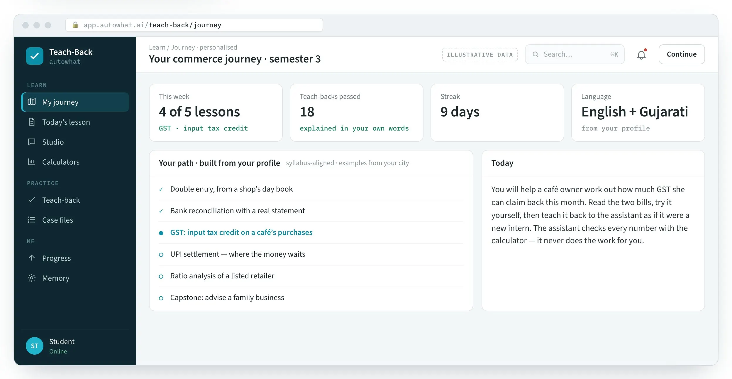 Teach-Back: A personalised path through the syllabus, with today’s lesson built on a real case.