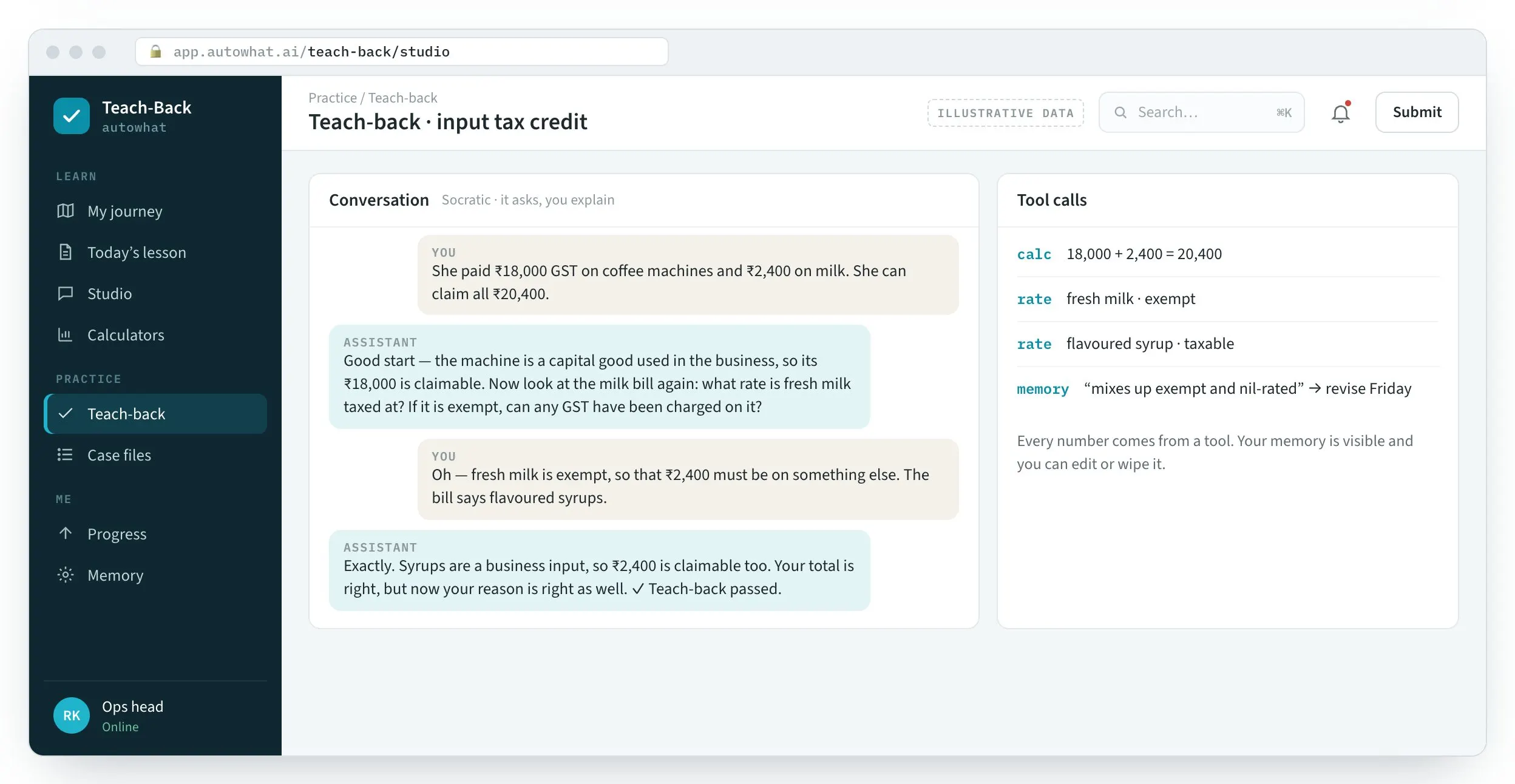 Teach-Back screen: An assistant that asks until the student can explain it.