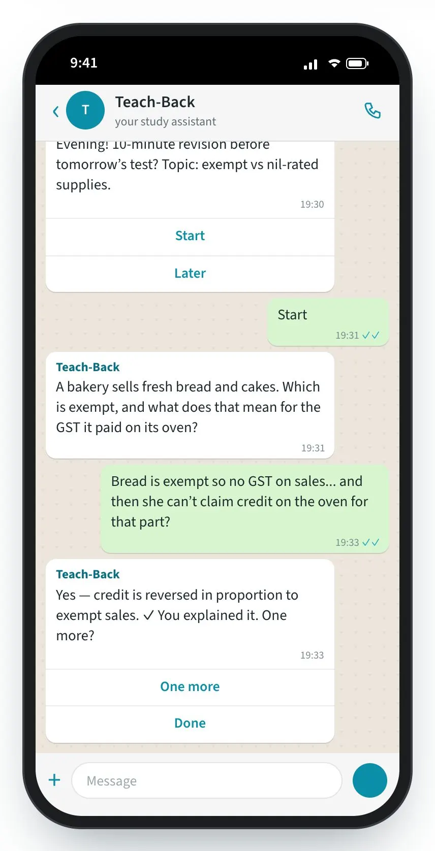 Teach-Back screen: Gaps remembered and revised before the test.