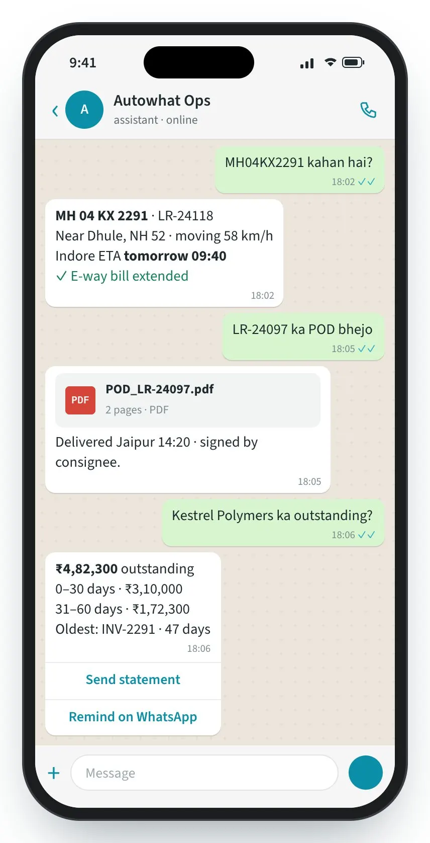 SCM for Transporter screen: Anyone can ask on WhatsApp. The records answer.
