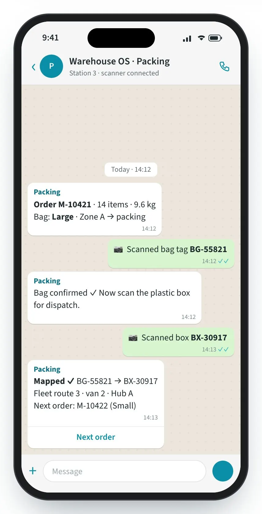 Warehouse OS screen: Scan the bag, scan the box — linked for good.