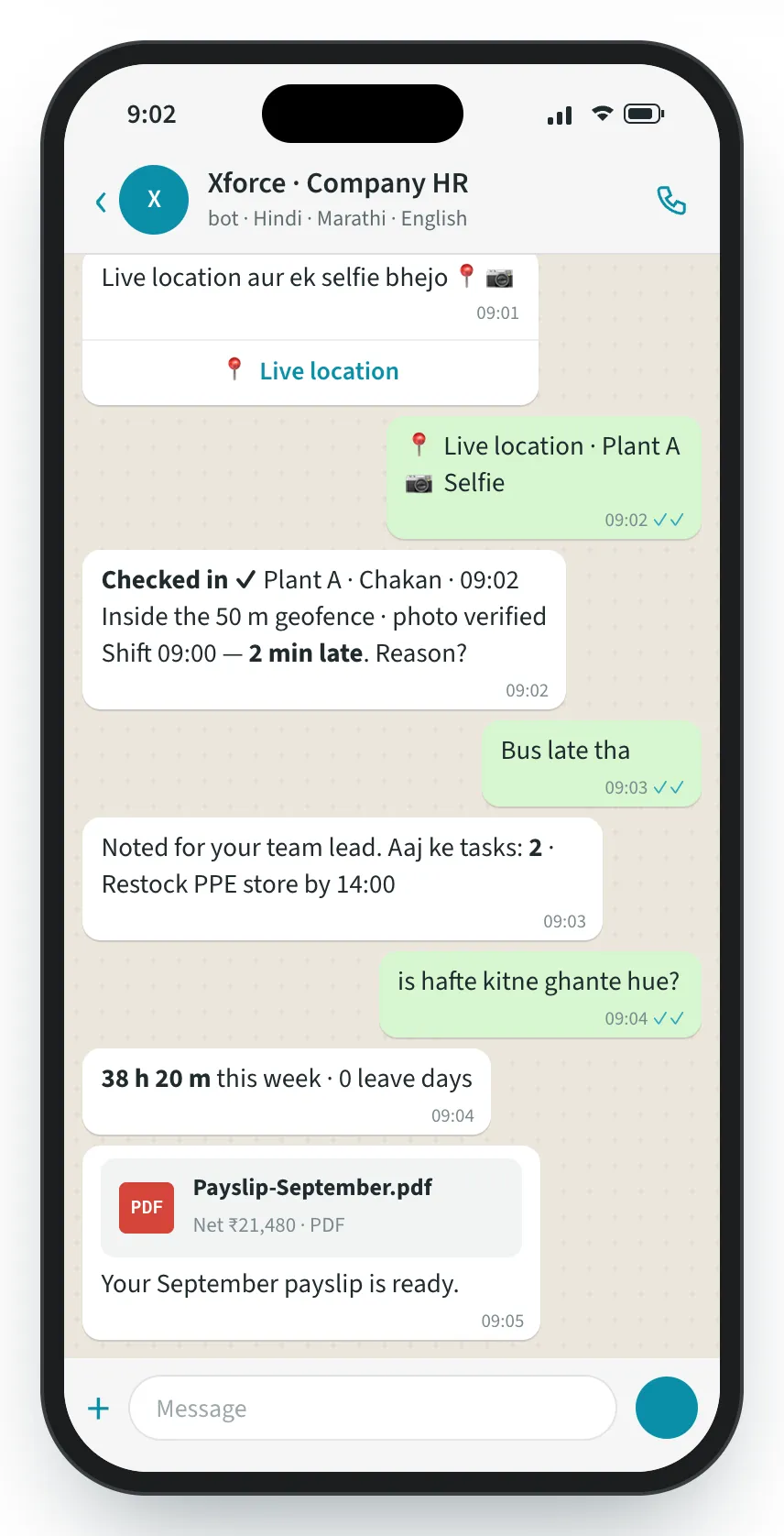 Xforce screen: Check-in with a live selfie, inside the site’s geofence.