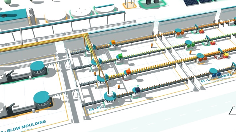 FMCG & packaging digital twin in 3D: Filling lines, camera QC, pallets