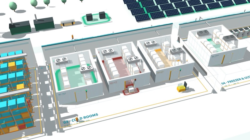 Pharma & cold chain digital twin in 3D: Cold rooms, −80 °C, reefers