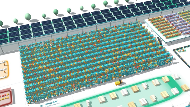 Warehouses digital twin in 3D: 11,000 pallets, docks, pick & pack